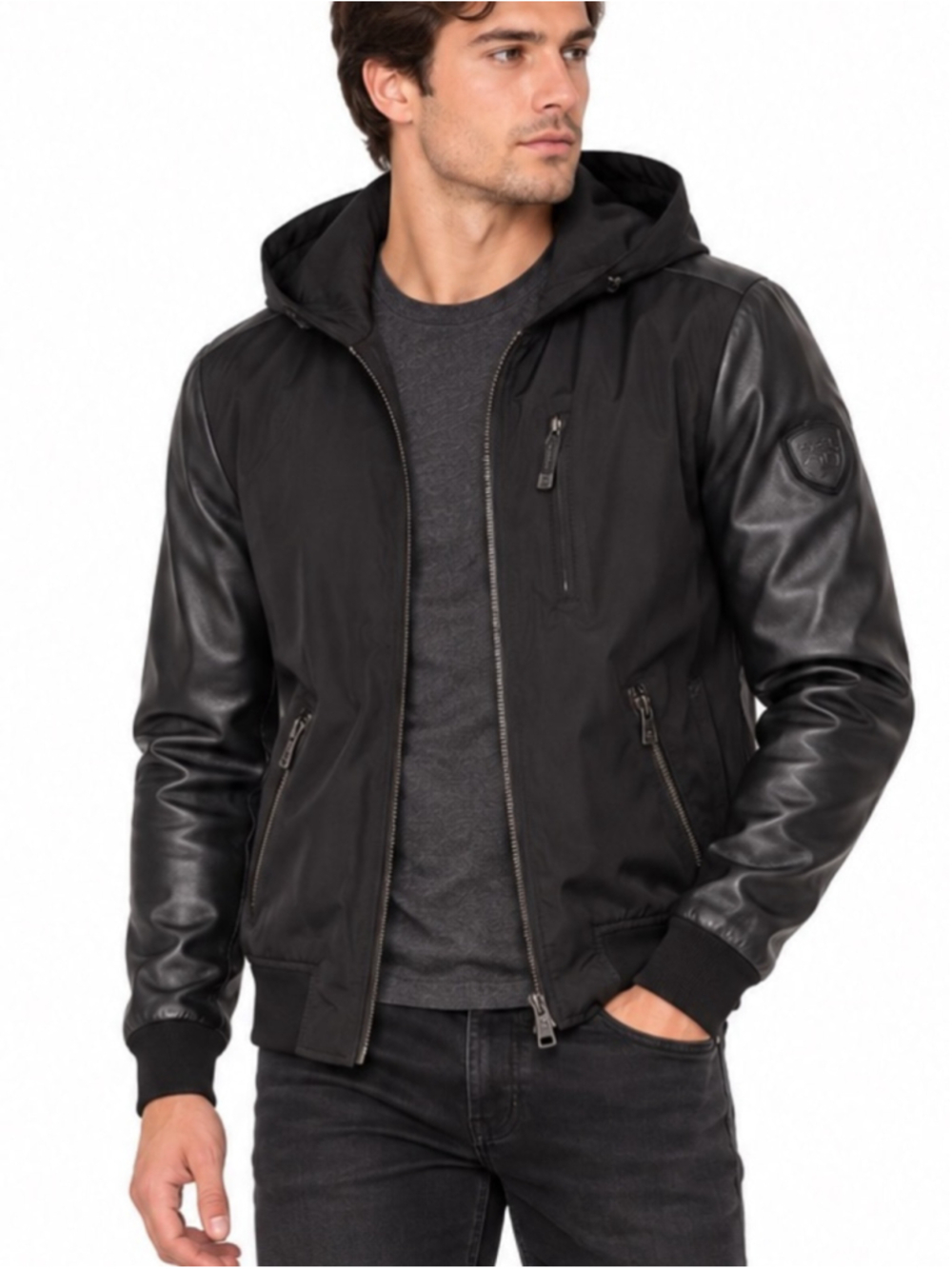 Rudsak Black Leather Sleeve Hooded Bomber Jacket Men’s Size L